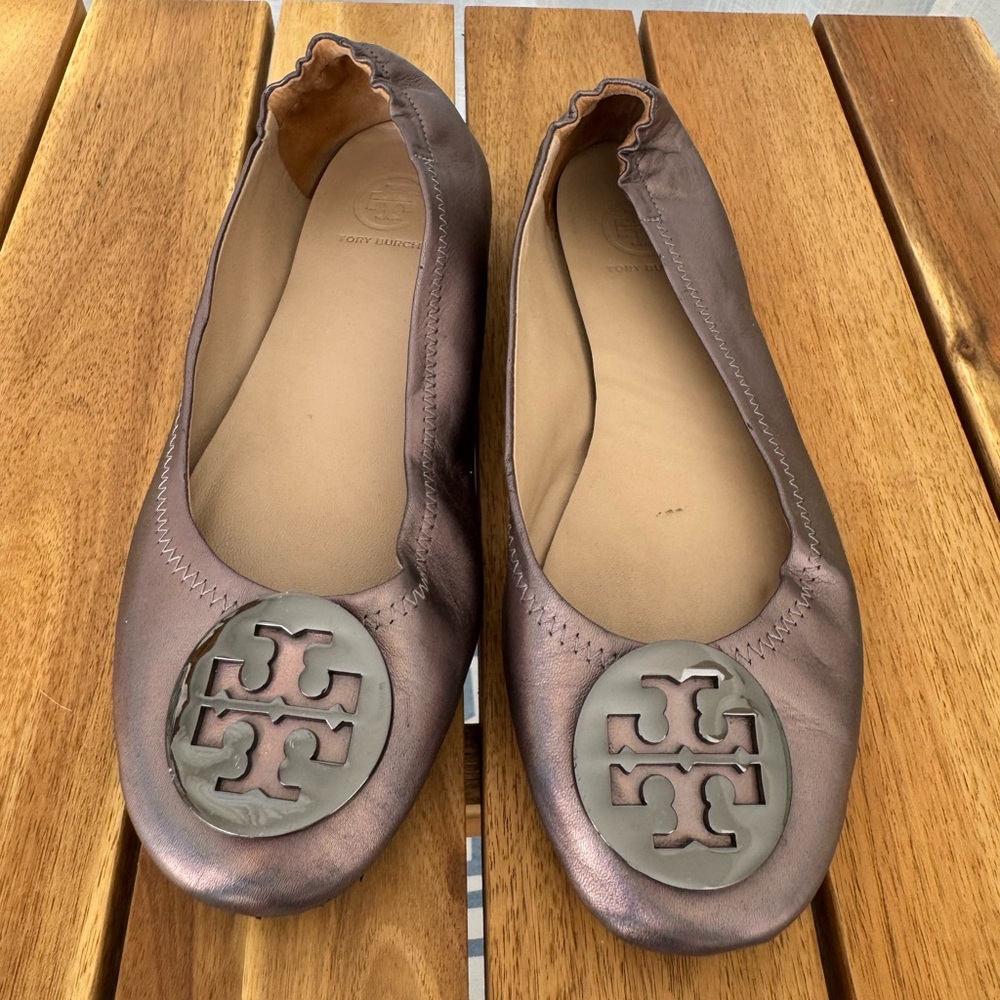 Tory Burch Minnie Travel Ballet Flats Gunmetal Gray Metallic Leather 7.5 - Picture 5 of 10